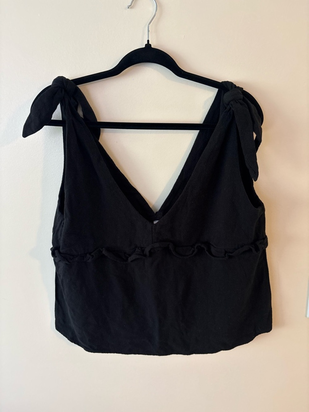 Black Tie-Shoulder V-Neck Women’s Top